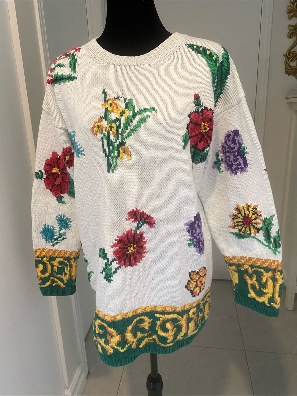 ADRIENNE VITTADINI VTG 1980’s White bright Floral Cotton Sweater Plus Size 1X